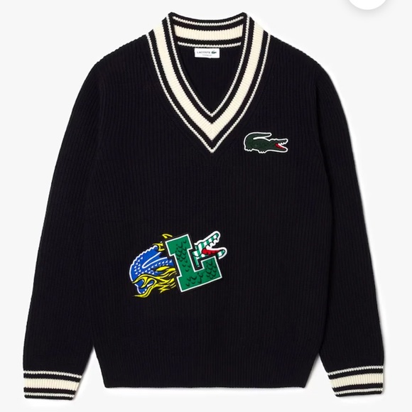 Lacoste NWT 100% Wool Holiday Comic Badge Striped V-Neck Sweater 5 Large - Picture 5 of 13